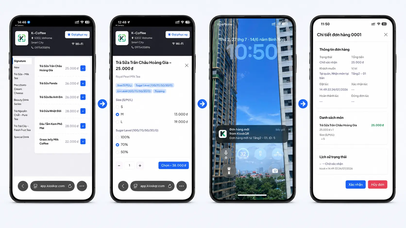 Khách order đồ uống bằng QR trên điện thoại và nhân viên nhận đơn trong KioskQR