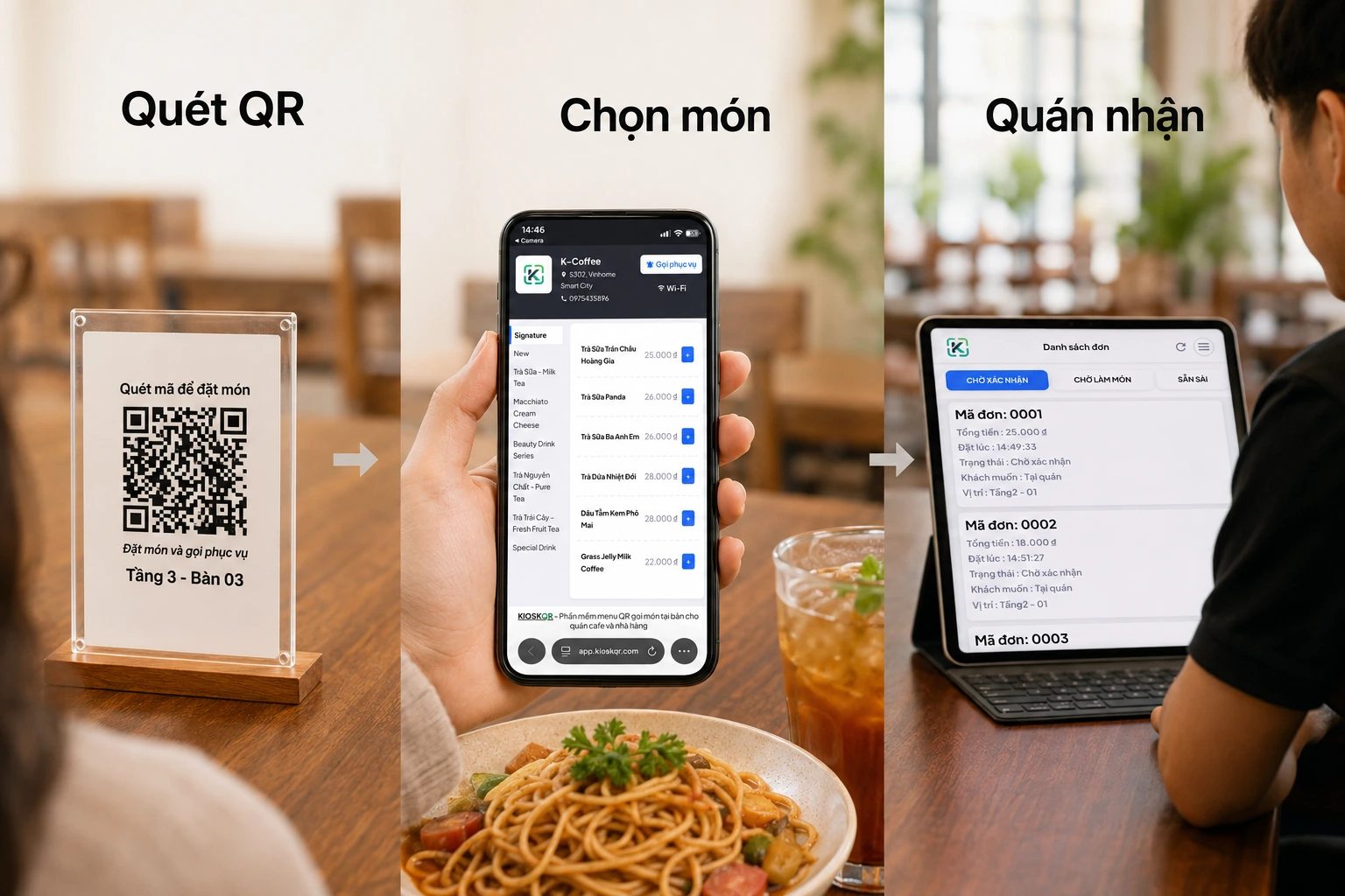 Quy trình khách quét QR và tự order tại nhà hàng bằng KioskQR