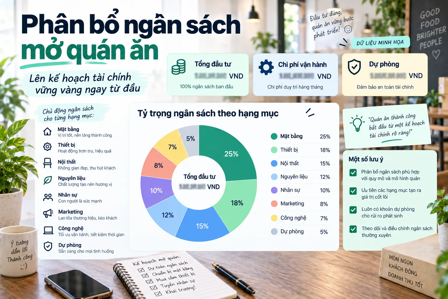 Minh họa phân bổ ngân sách khi mở quán ăn