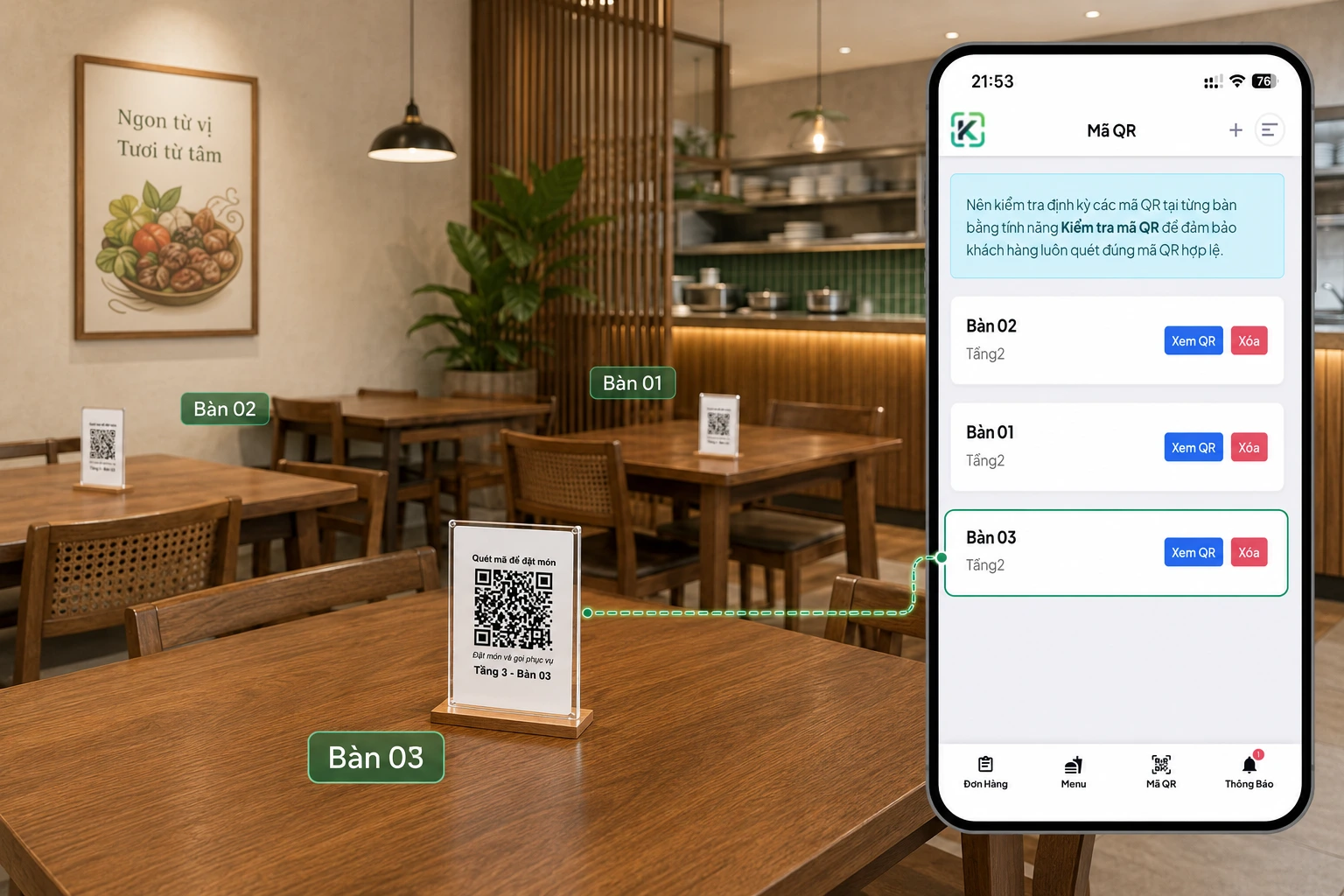 QR theo bàn và khu vực trong phần mềm order nhà hàng KioskQR
