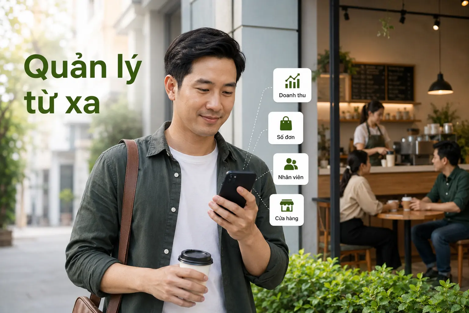 Chủ quán quản lý quán cafe từ xa bằng điện thoại