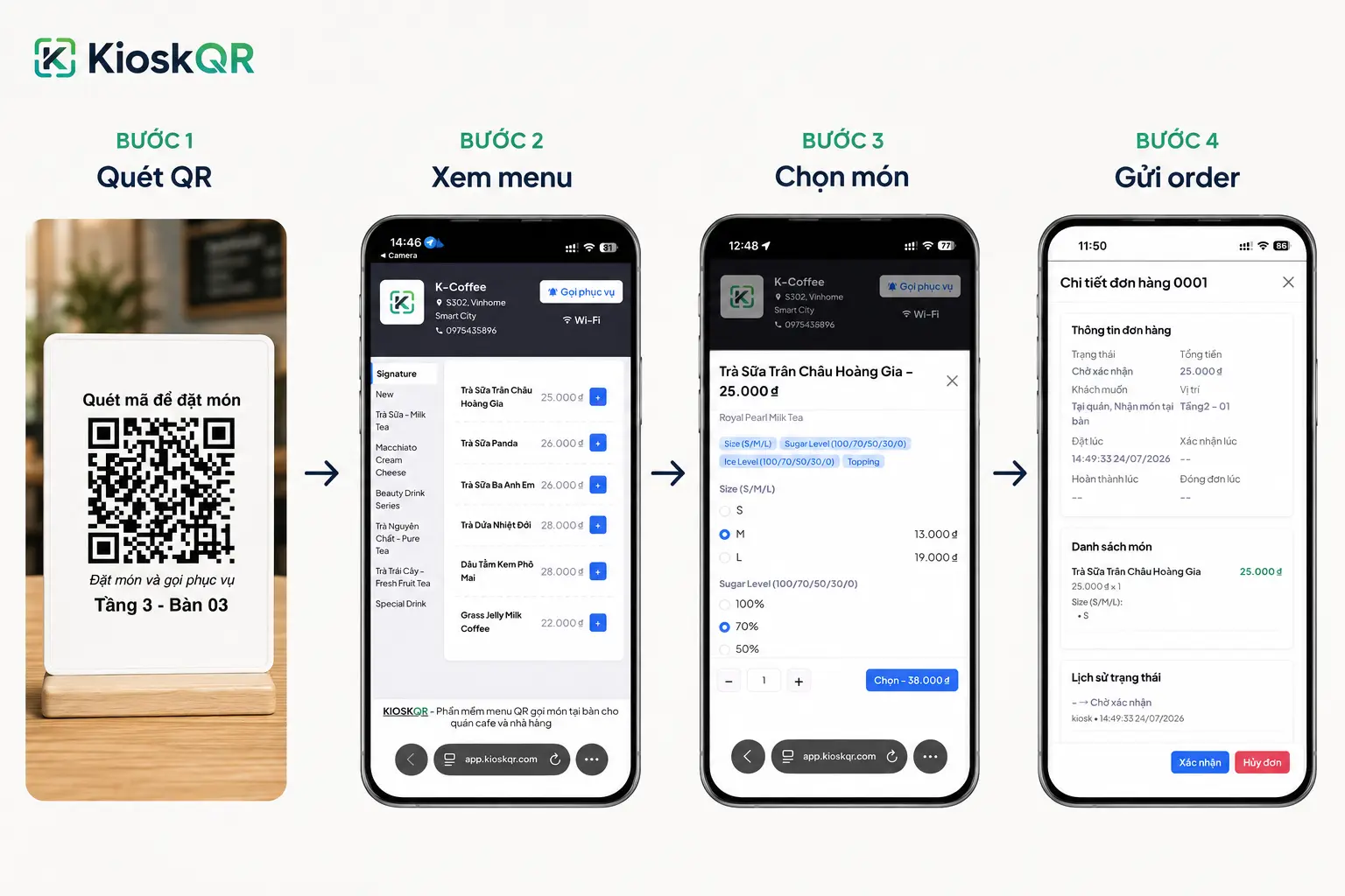Quy trình quét QR xem menu chọn món size topping và gửi order bằng KioskQR