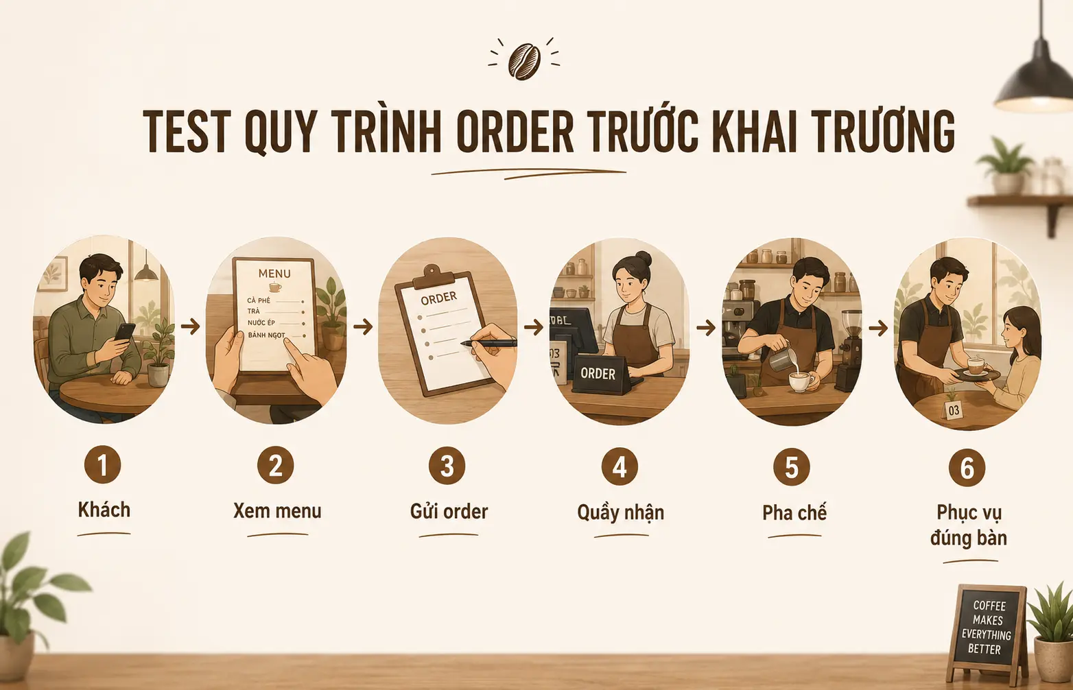 Quy trình order cần chạy thử khi setup quán cafe