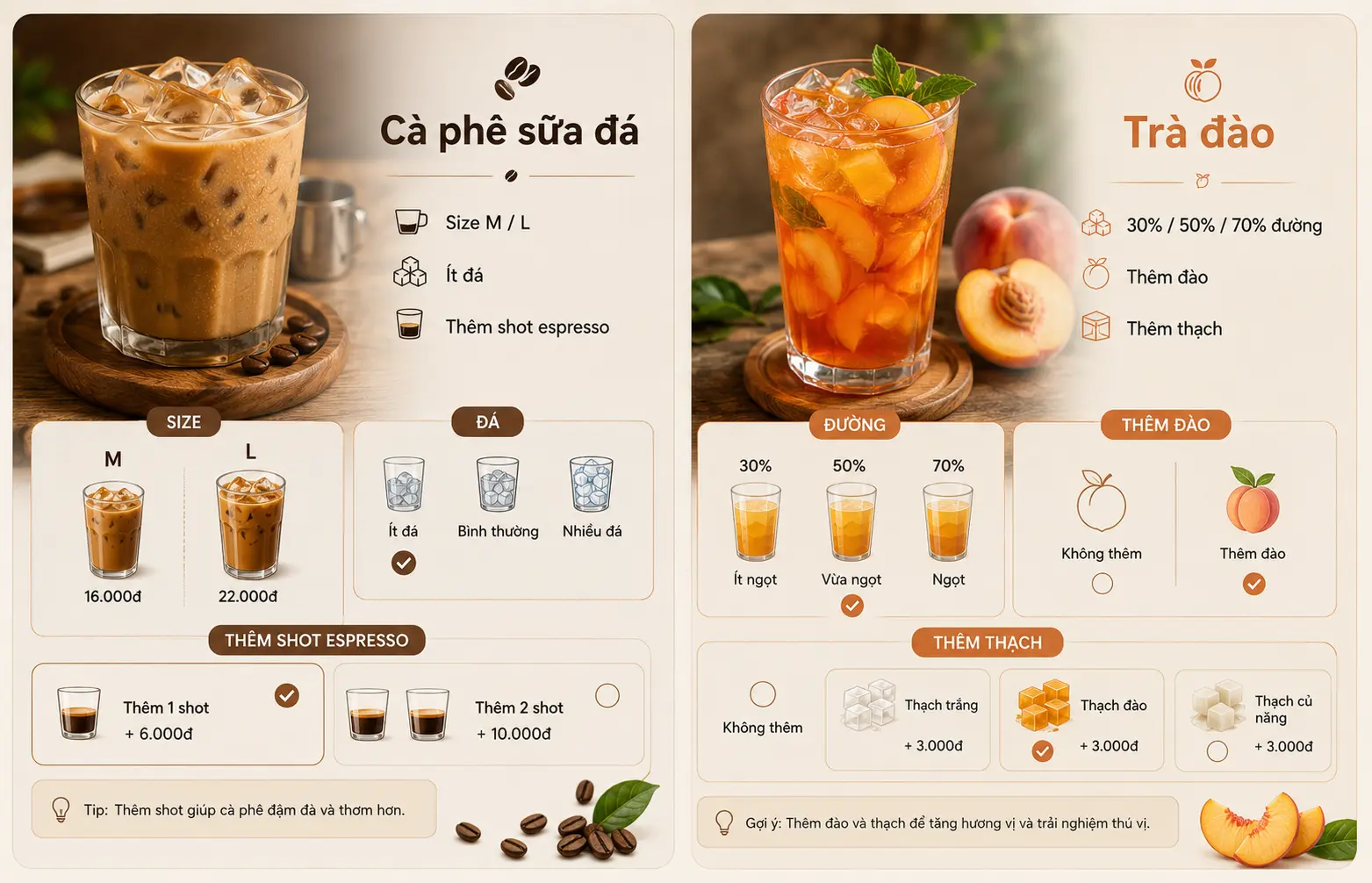 Ví dụ size topping và tùy chọn trong menu cafe