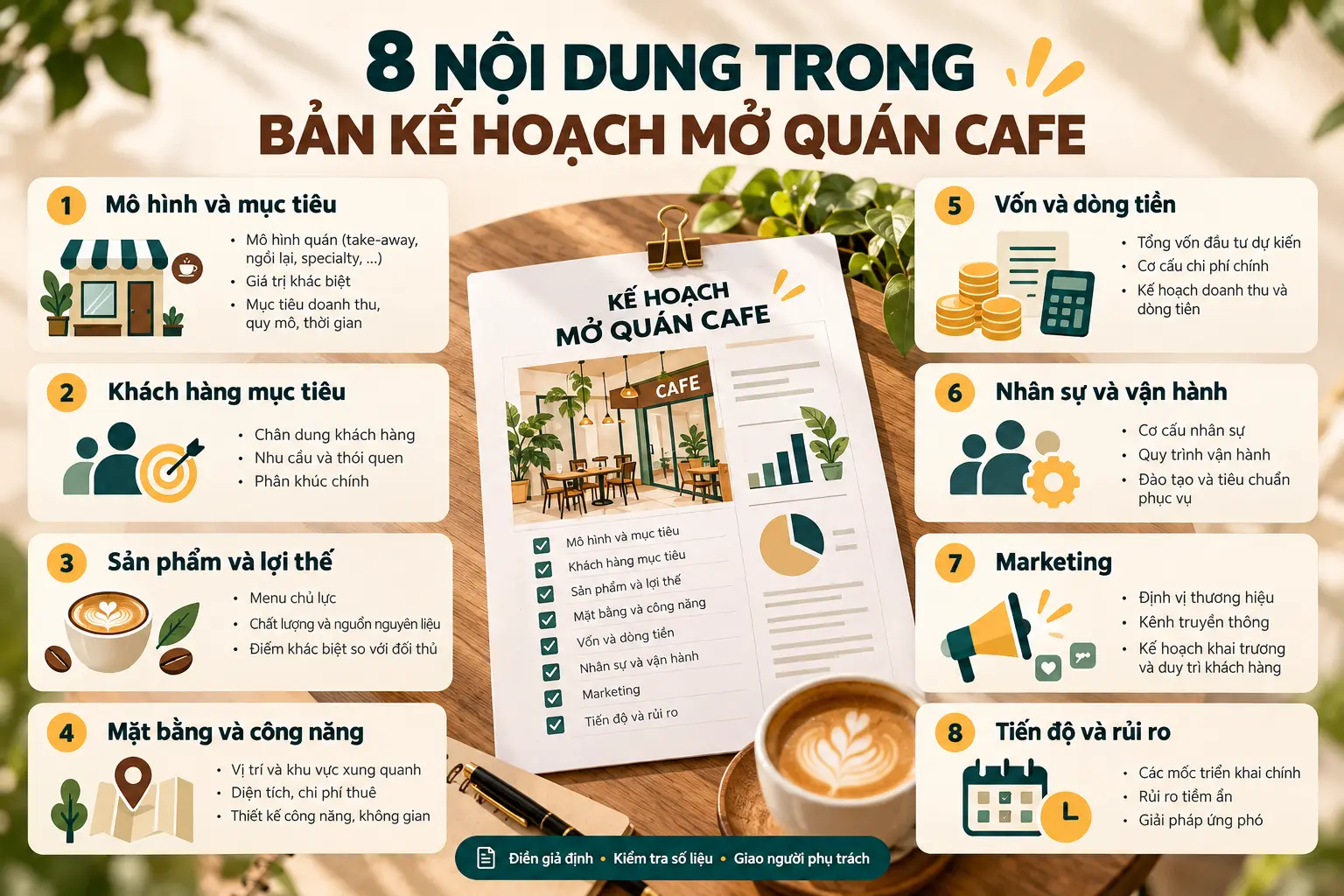 Sơ đồ tám nhóm nội dung trong bản kế hoạch mở quán cafe một trang
