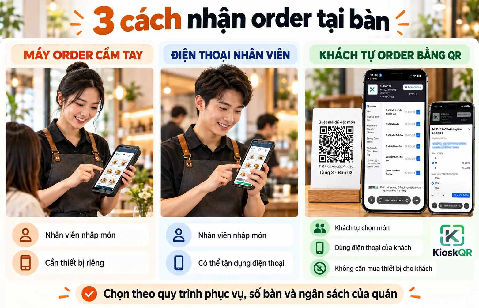 So sánh máy order cầm tay điện thoại nhân viên và khách tự order bằng QR